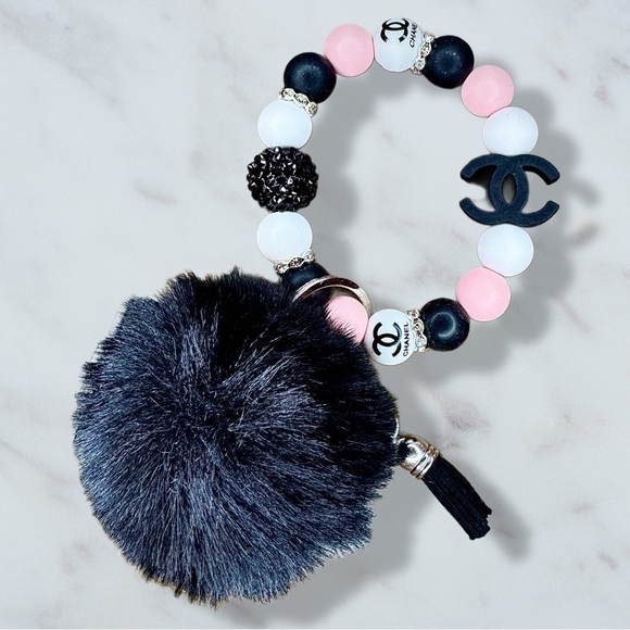 Handmade Accessories - Fashion CC Pink and Black Pom Pom Wristlet Keychain